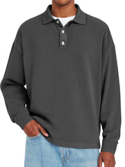 Men's Daily Ribbed Lapel Button-down Casual Solid Color Long-sleeved Polo Shirt