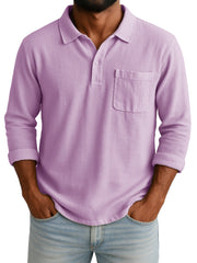 Men's Retro-chic Ramie Fabric Long-sleeved Polo Shirt With Loose-fitting Drawstring Waist And Embroidered Logo 