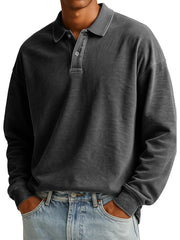 Men's Stylish Casual Padded Lapel Button-stitched Ribbed Long-sleeved Polo Shirt 