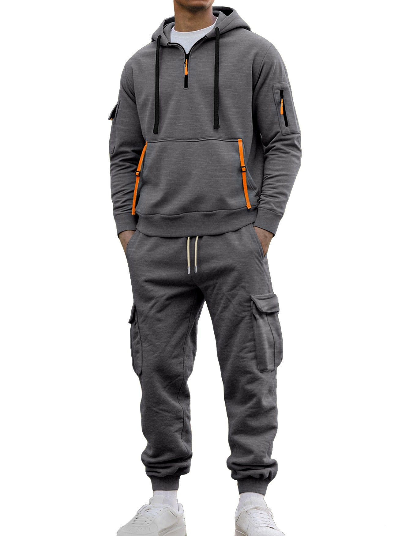 Autumn And Winter Men's Fleece Zipper Sweatshirt Fashionable Hoodie Multi-pocket Overalls Suit