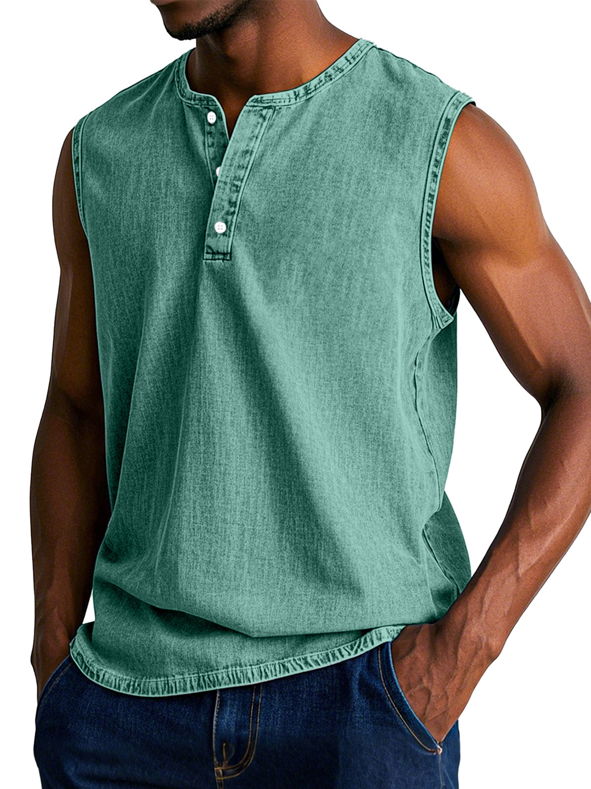 Men's Casual Retro Solid Color Loose Sleeveless Henley Shirt