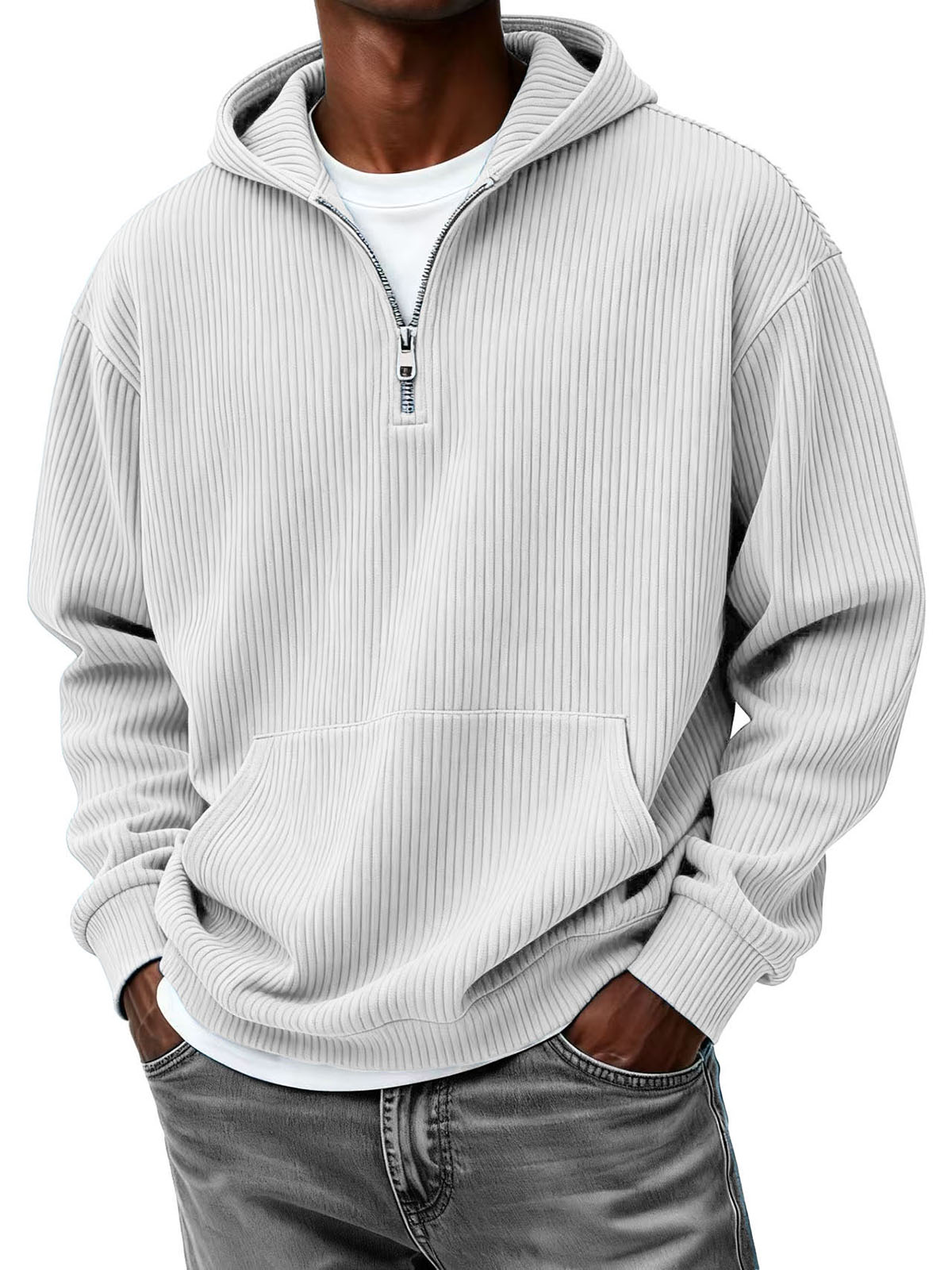 Men's Clothing Fashionable Casual Pit Strip Fabric Zipper Pockets Hooded Long-sleeved Sweatshirt 