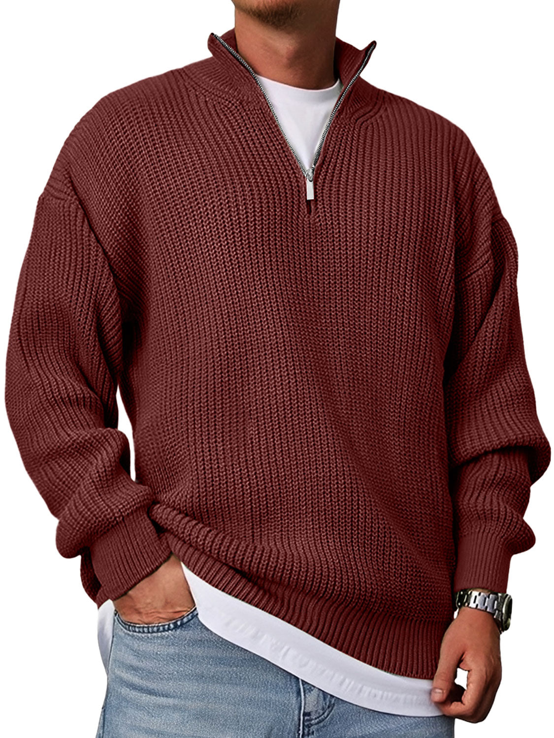 Men's Casual Fashion Loose Stand Collar Zipper Solid Color Sweater