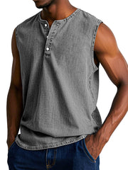 Men's Casual Retro Solid Color Loose Sleeveless Henley Shirt
