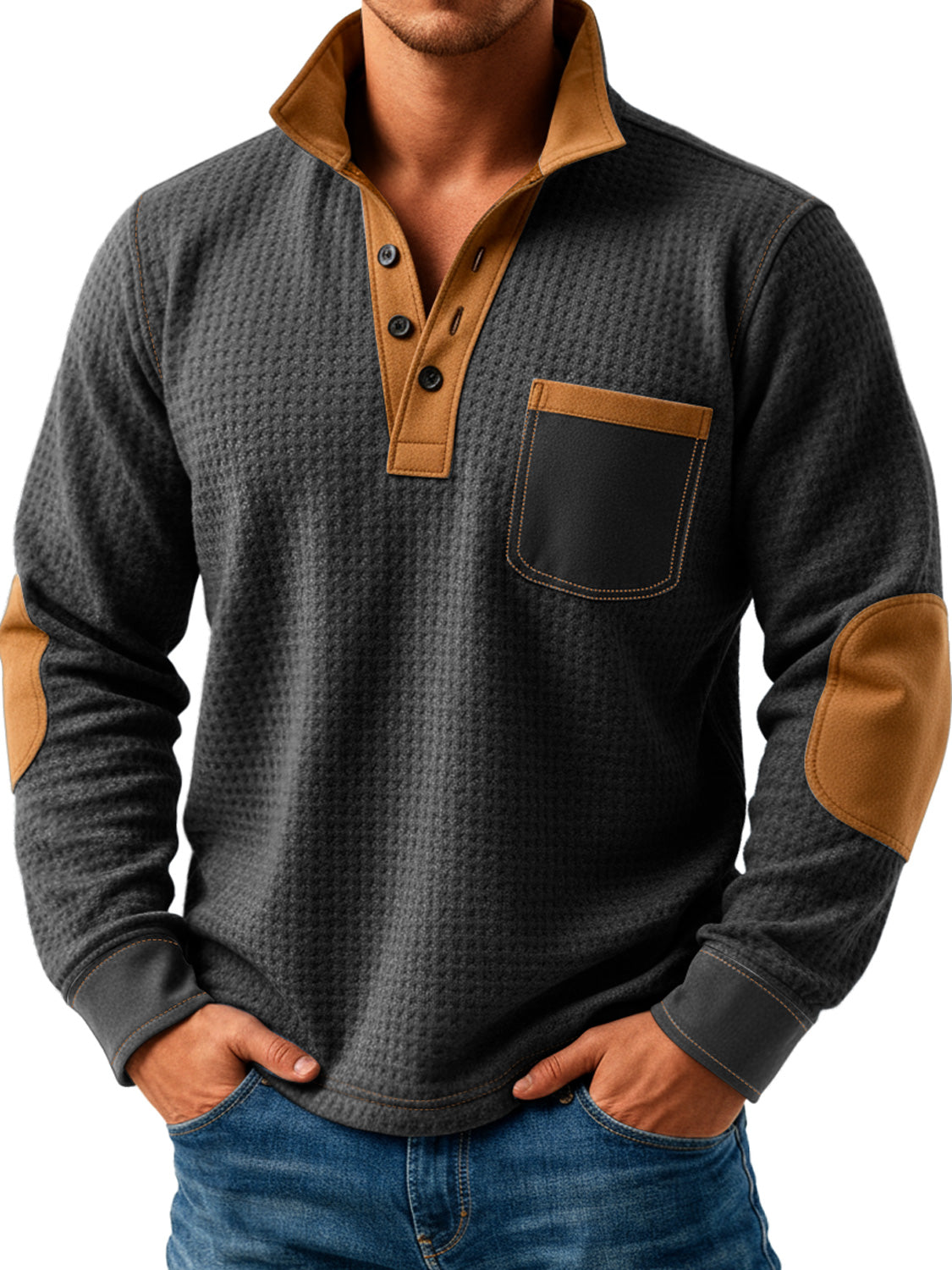 Men's Retro Texture Splicing Stand Collar Button Casual Long Sleeve POLO Shirt