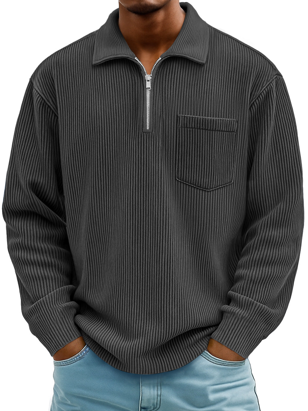 Men's Daily Casual Ribbed Lapel Manhattan Loose Long-sleeved Polo Shirt