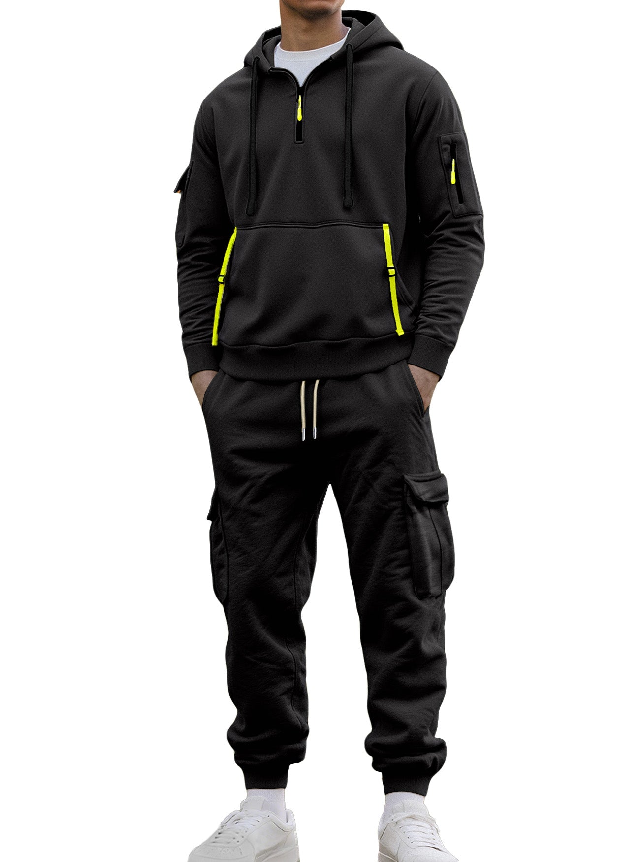 Autumn And Winter Men's Fleece Zipper Sweatshirt Fashionable Hoodie Multi-pocket Overalls Suit
