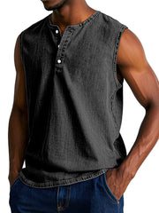 Men's Casual Retro Solid Color Loose Sleeveless Henley Shirt