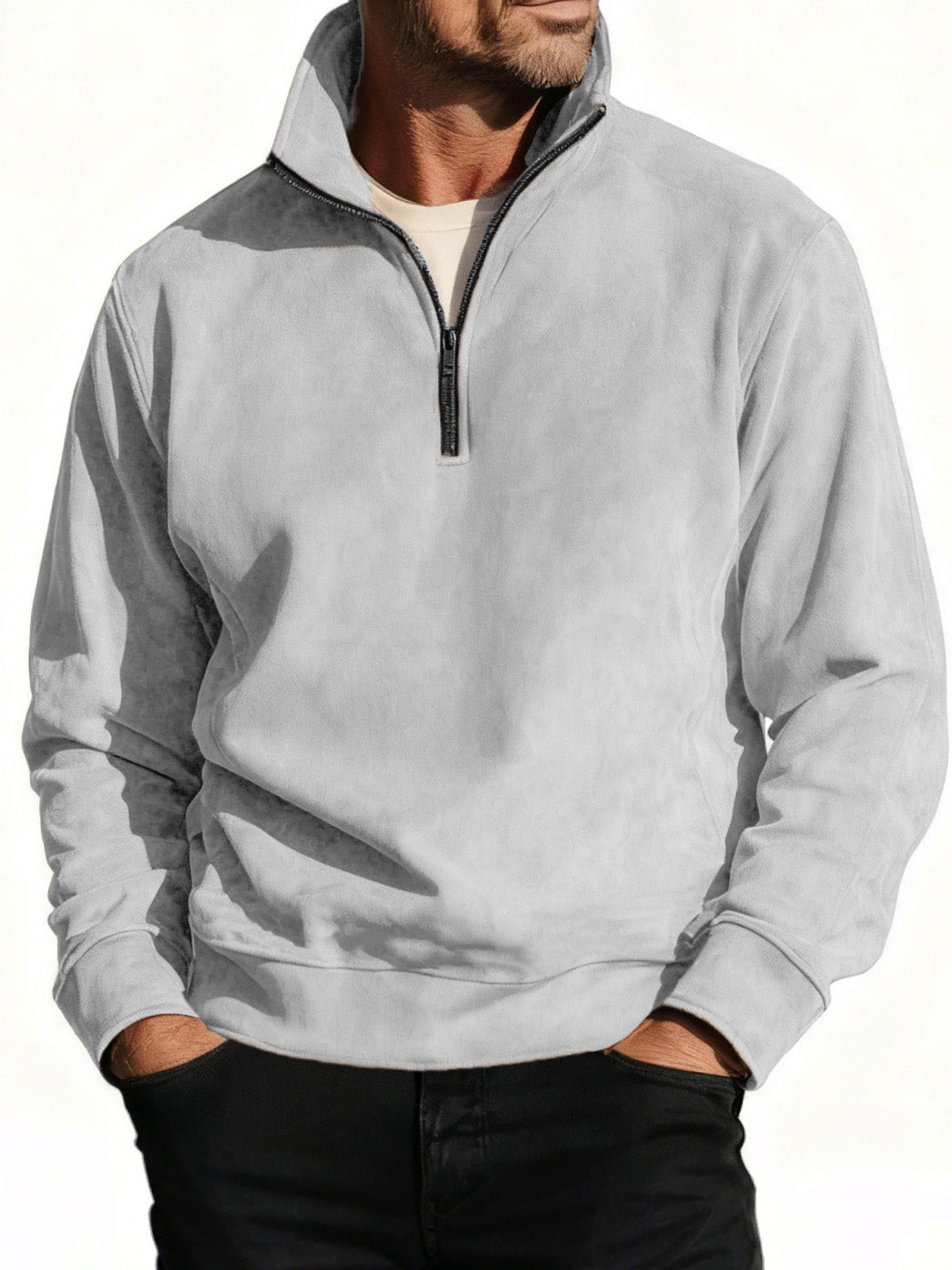 Men's Stylish Casual Suede Fabric Stand-up Collar Half-zip Long-sleeved Sweatshirt 