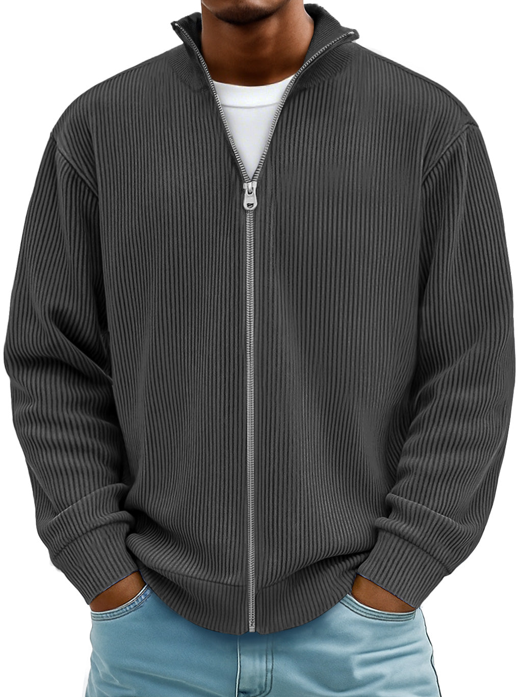 Men's Simple Ribbed Textured Stand Collar Zipper Loose Jacket