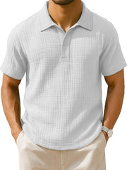  Men's Clothing Fashionable Casual Jacquard Pleated Fabric Lapel Short-sleeved Loose Polo Shirt 