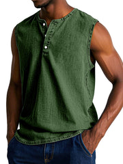 Men's Casual Retro Solid Color Loose Sleeveless Henley Shirt