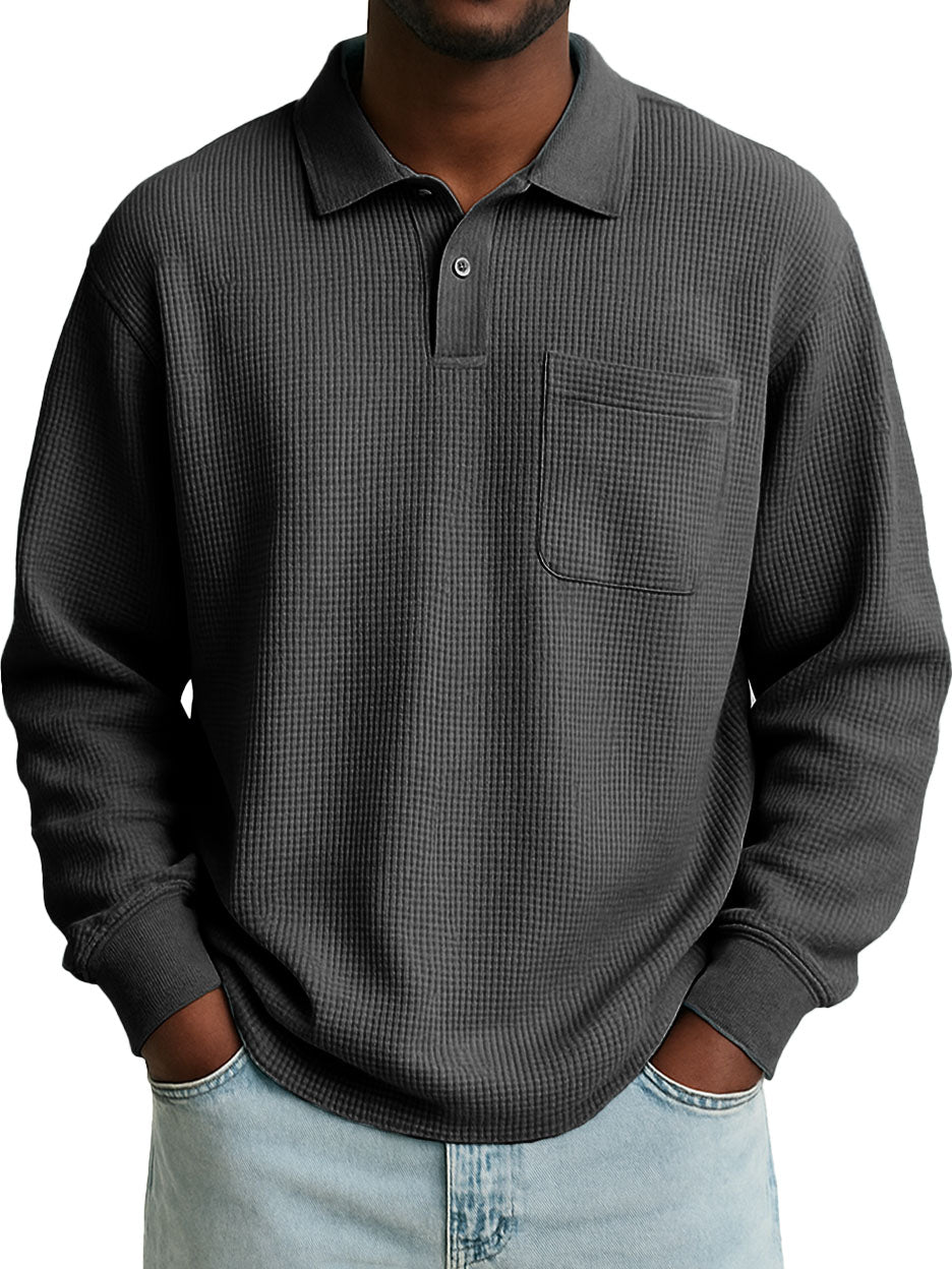 Men's Stylish Casual Everyday Waffle Long-sleeved Lapel Polo Shirt 