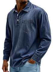 Men's Vintage Cotton Washed Lapel Button Casual Long Sleeve Polo Shirt