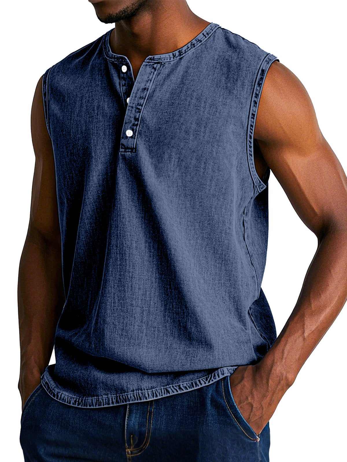 Men's Casual Retro Solid Color Loose Sleeveless Henley Shirt
