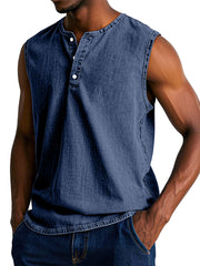 Men's Casual Retro Solid Color Loose Sleeveless Henley Shirt