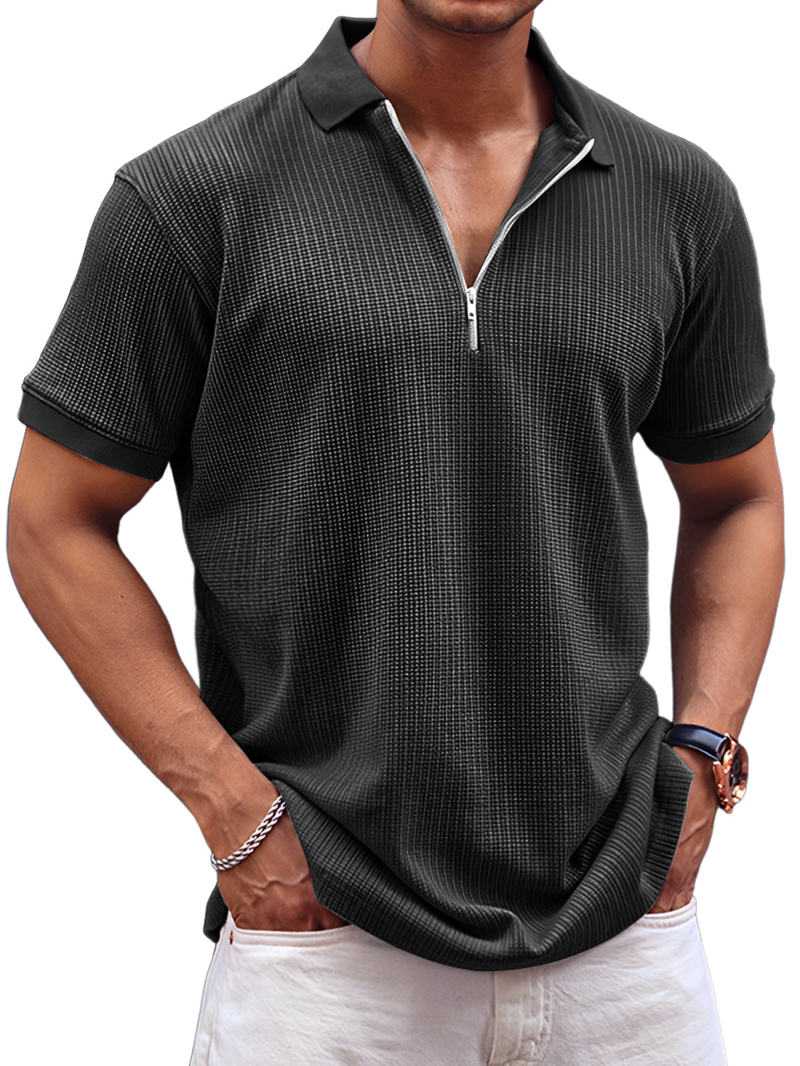 Men's Daily Waffle Casual Lapel Zipper Comfort Short Sleeve POLO Shirt