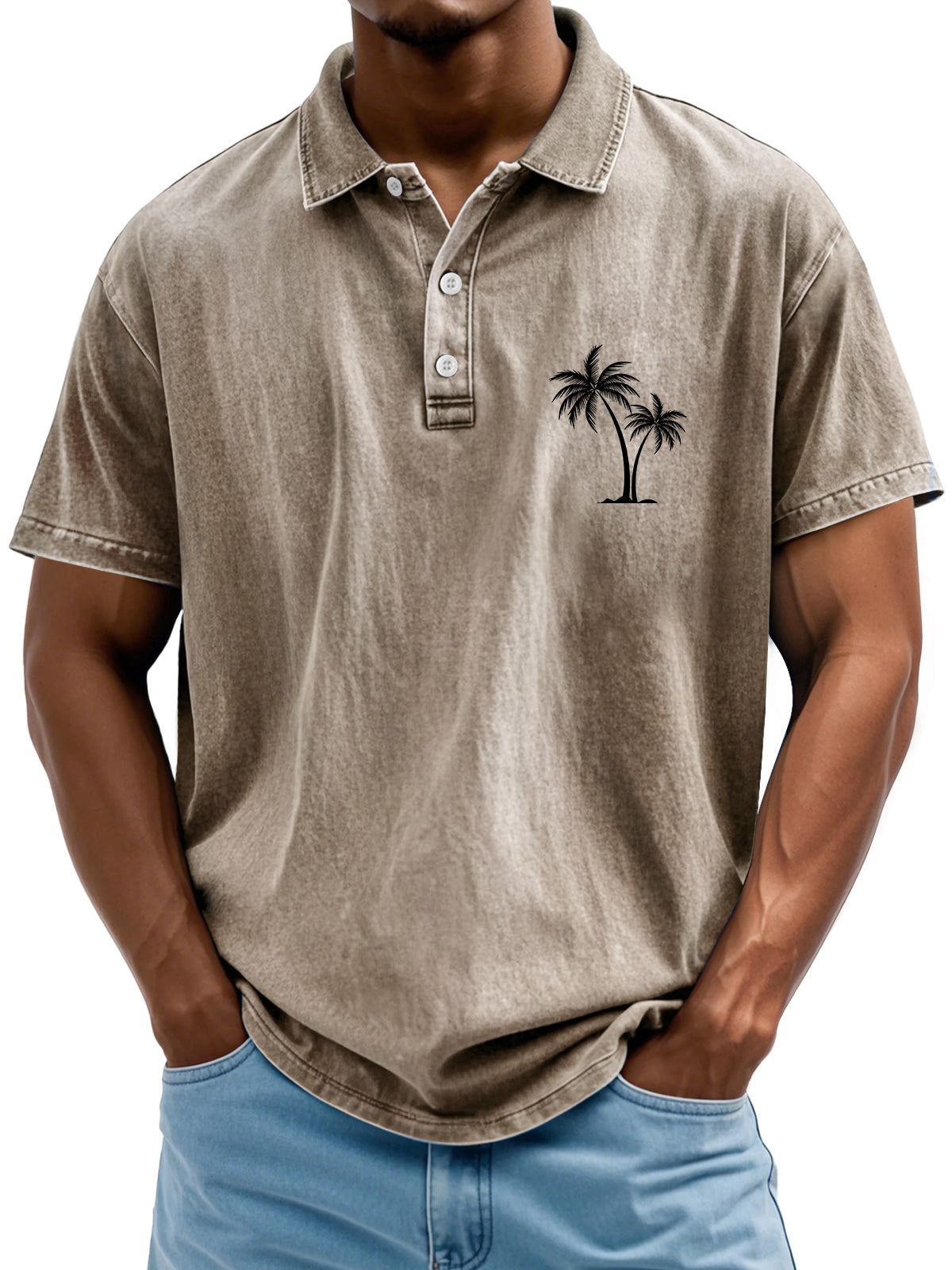 Men's Retro Lapel Coconut Tree Printed Casual Short Sleeve POLO Shirt