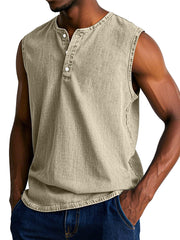 Men's Casual Retro Solid Color Loose Sleeveless Henley Shirt