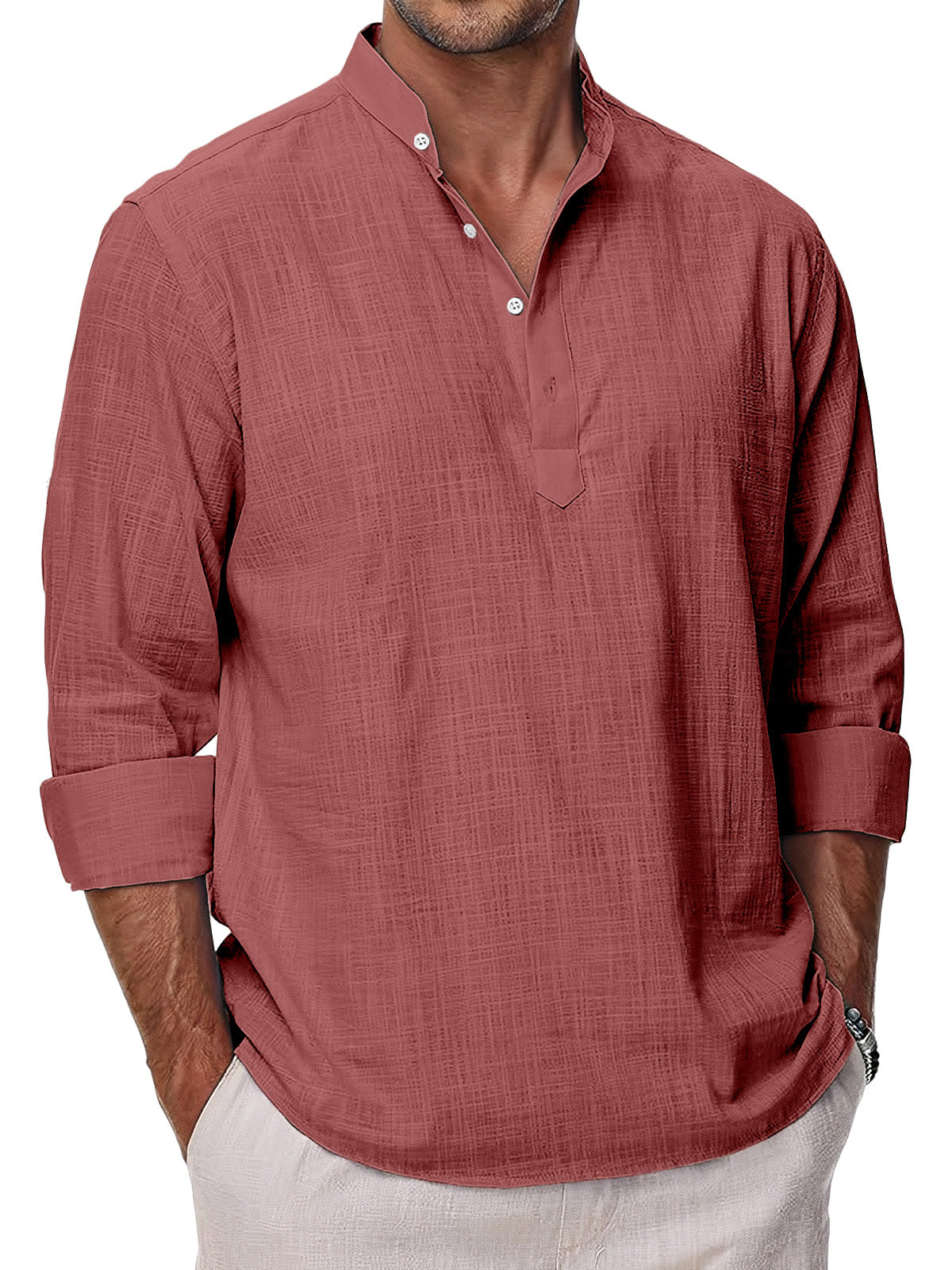 Men's Simple Solid Color Casual Long Sleeve Stand Collar Polo Shirt