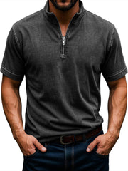 Men's Retro Stand Collar Zipper Casual Solid Color Short Sleeve T-Shirt