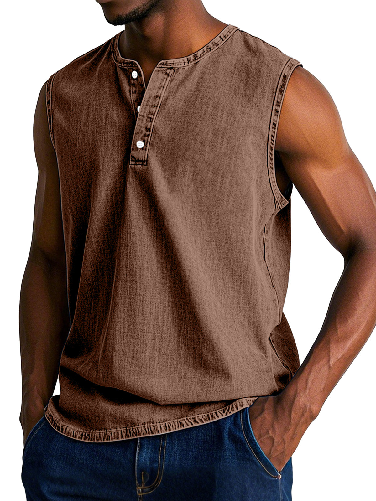 Men's Casual Retro Solid Color Loose Sleeveless Henley Shirt