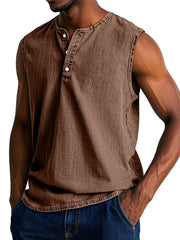 Men's Casual Retro Solid Color Loose Sleeveless Henley Shirt