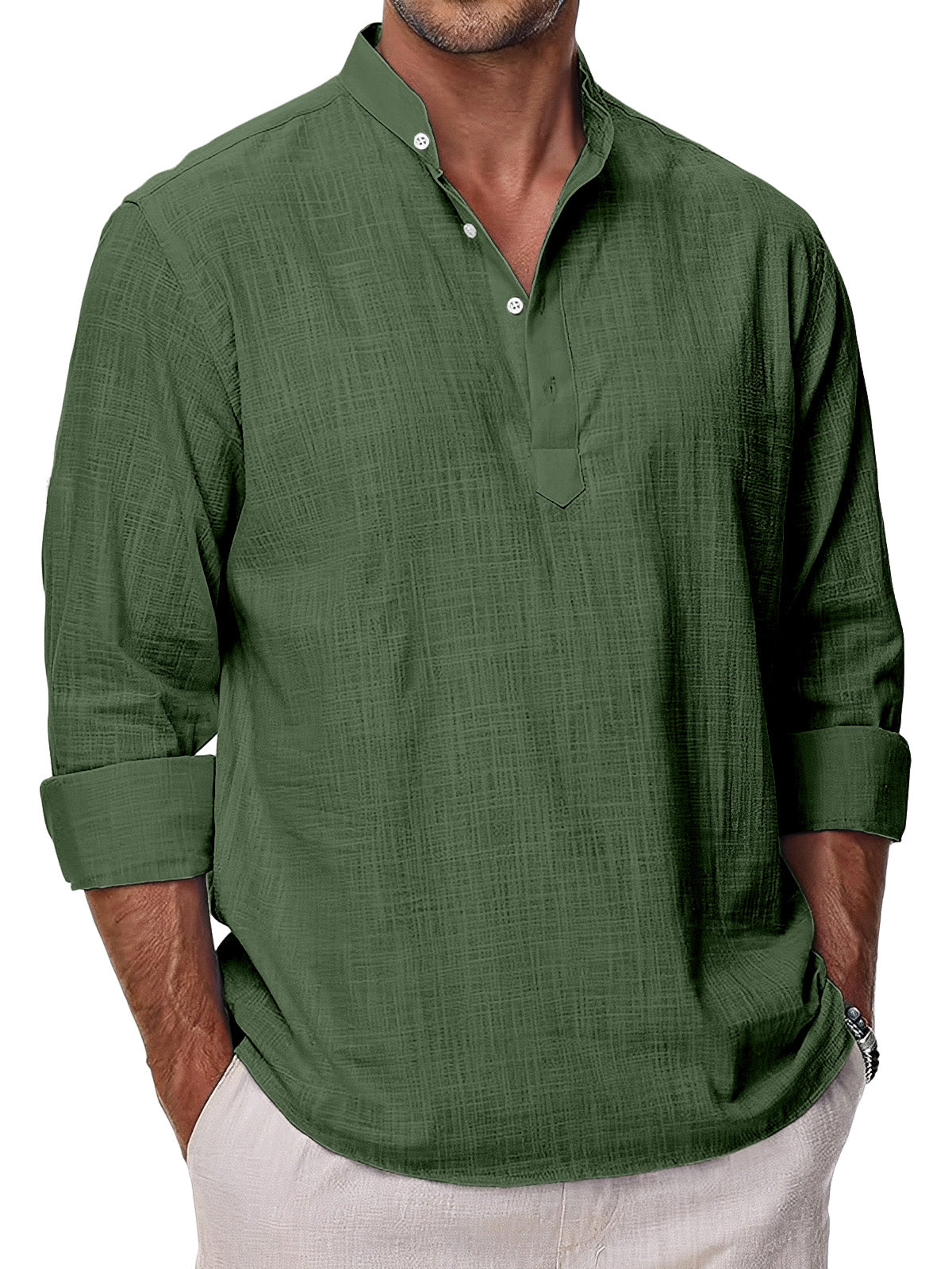 Men's Simple Solid Color Casual Long Sleeve Stand Collar Polo Shirt