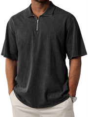 Men's Retro  Stand Collar Zipper Solid Color Short Sleeve T-Shirt