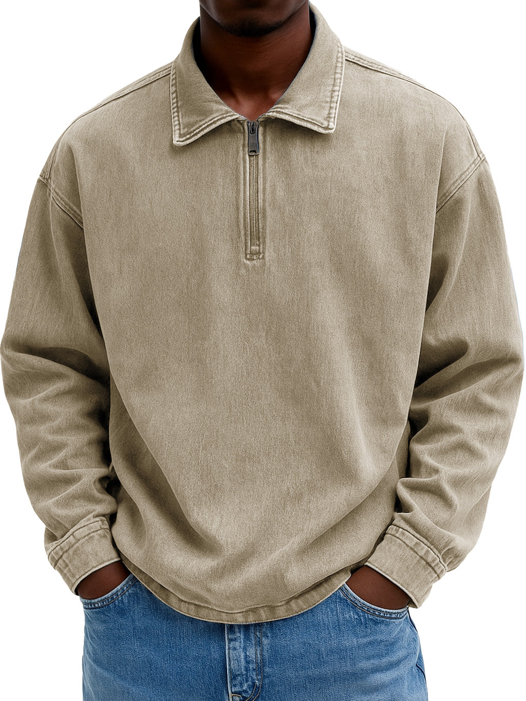Men's Stylish Casual Retro Zippered Lapel Long-sleeved Loose-fitting Distressed Sweatshirt 