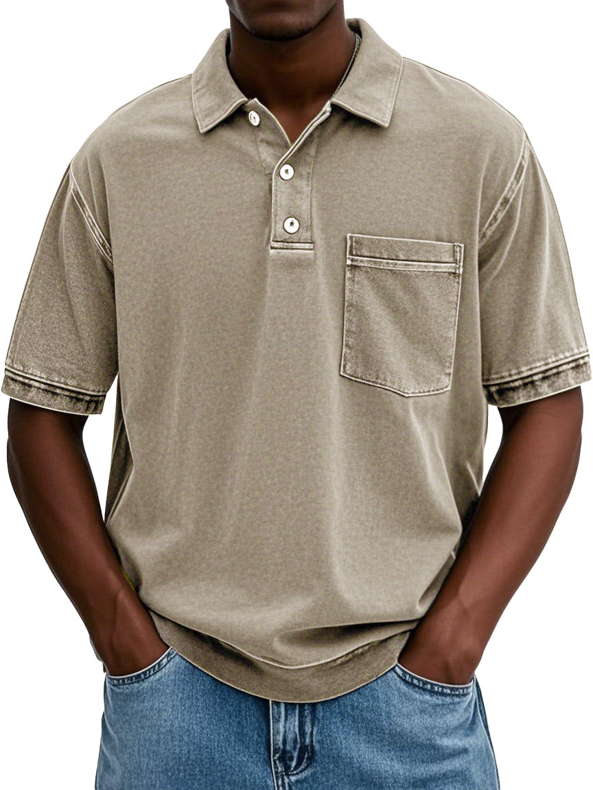 Men's Retro Distressed Lapel Short-sleeved Pocket Polo Shirt