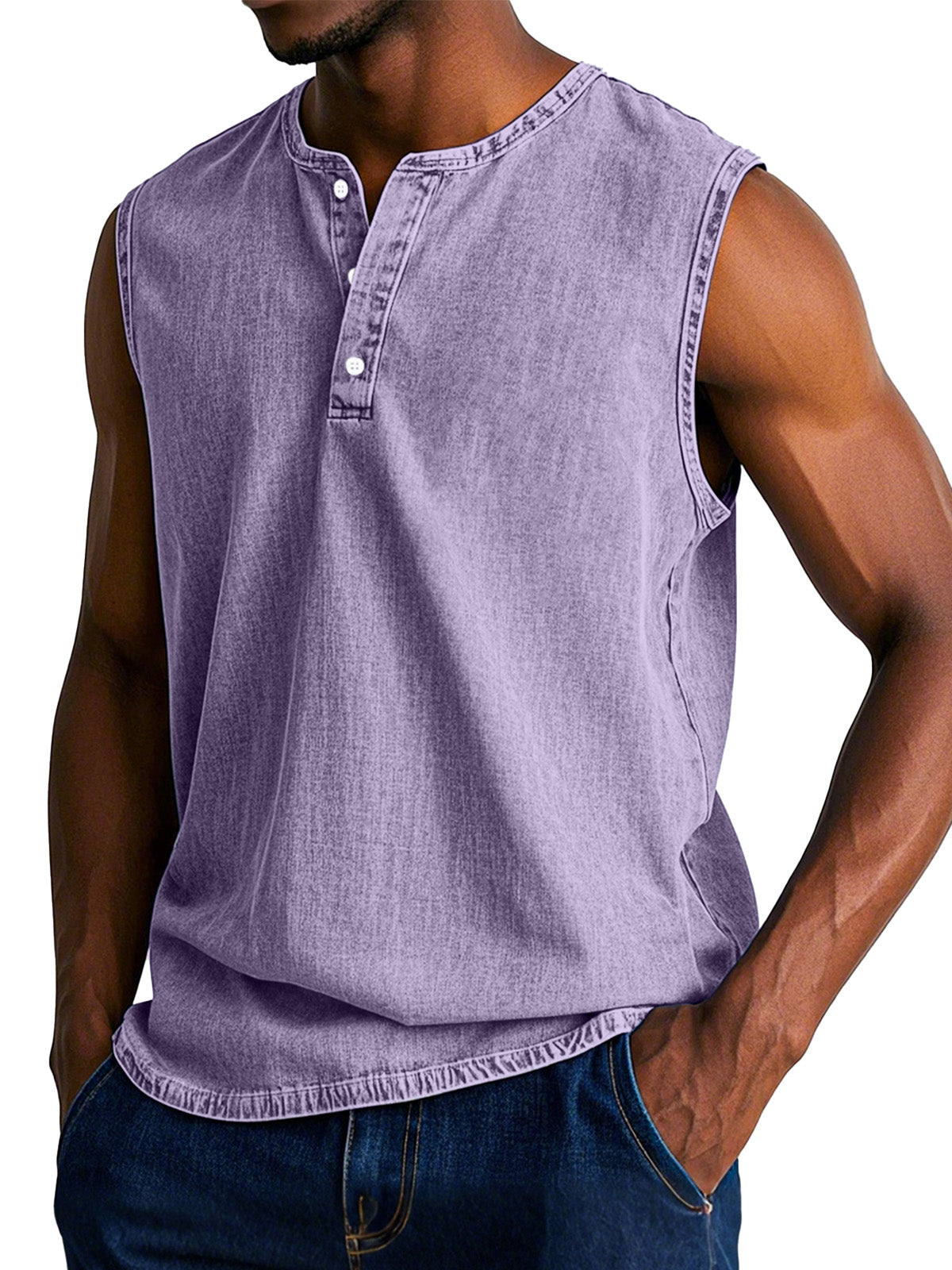 Men's Casual Retro Solid Color Loose Sleeveless Henley Shirt