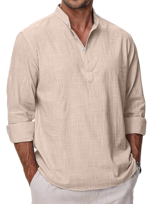 Men's Simple Solid Color Casual Long Sleeve Stand Collar Polo Shirt