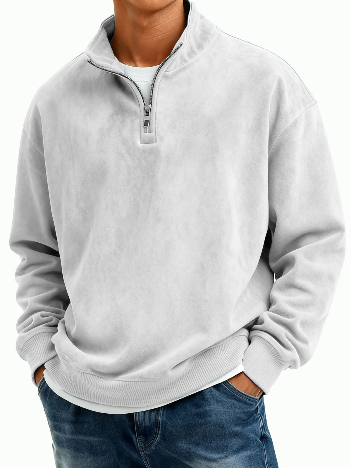 Men's Casual Suede Fabric Stand-neck Half-zipper Long-sleeved Hoodie