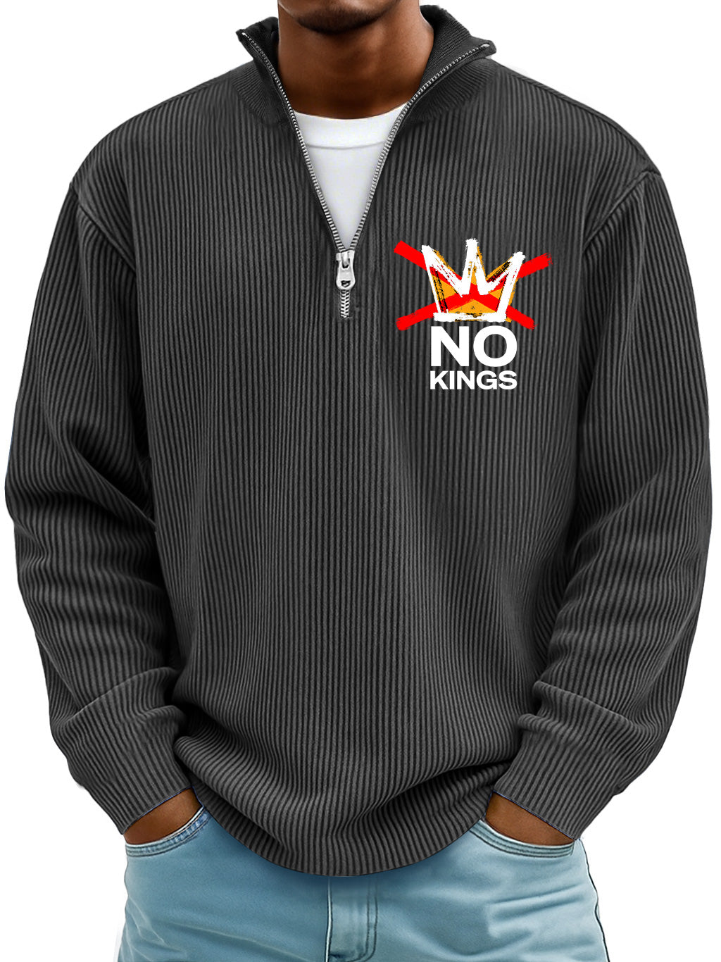 Men's Simple Ribbed No Kings Stand-up Collar Zipper Long-sleeved T-shirt