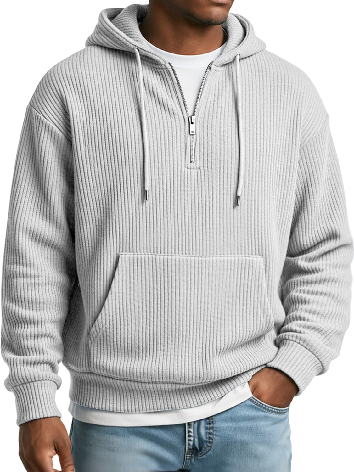 Men's Simple Ribbed Textured Hooded Zippered Casual Loose Sweatshirt