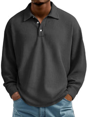 Men's Waffle Casual Lapel Button-down Long-sleeved Polo Shirt