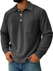 Men's Daily Ribbed Lapel Button-down Casual Pocket Long-sleeved Polo Shirt