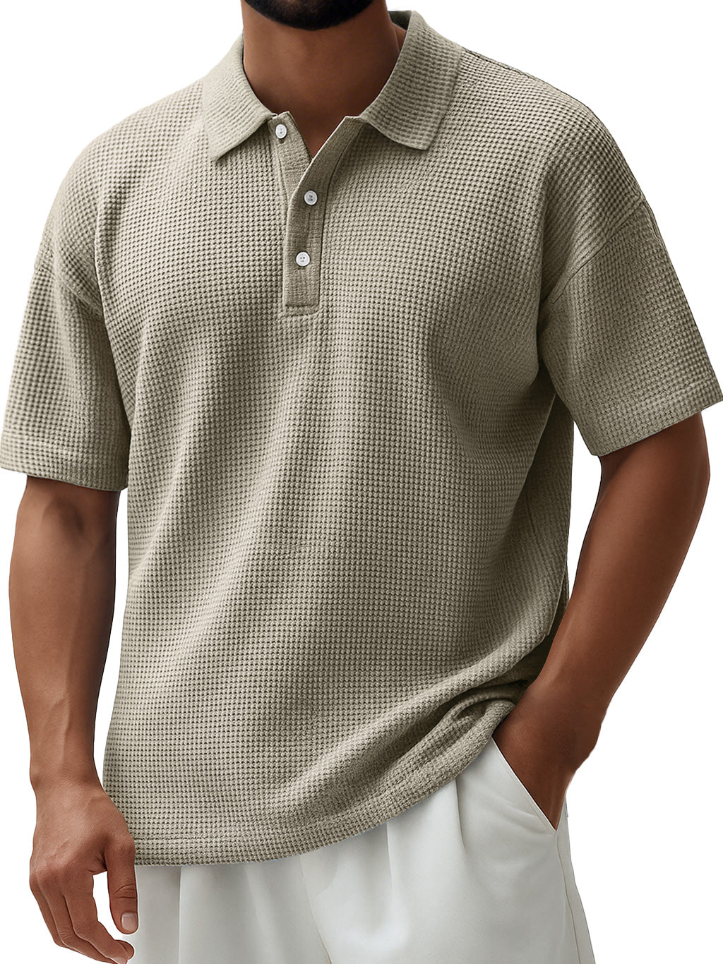 Men's Everyday Waffle Lapel Button Down Casual Short Sleeve Polo Shirt