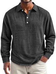 Men's Everyday Pleated Lapel Button-down Casual Long-sleeved Polo Shirt