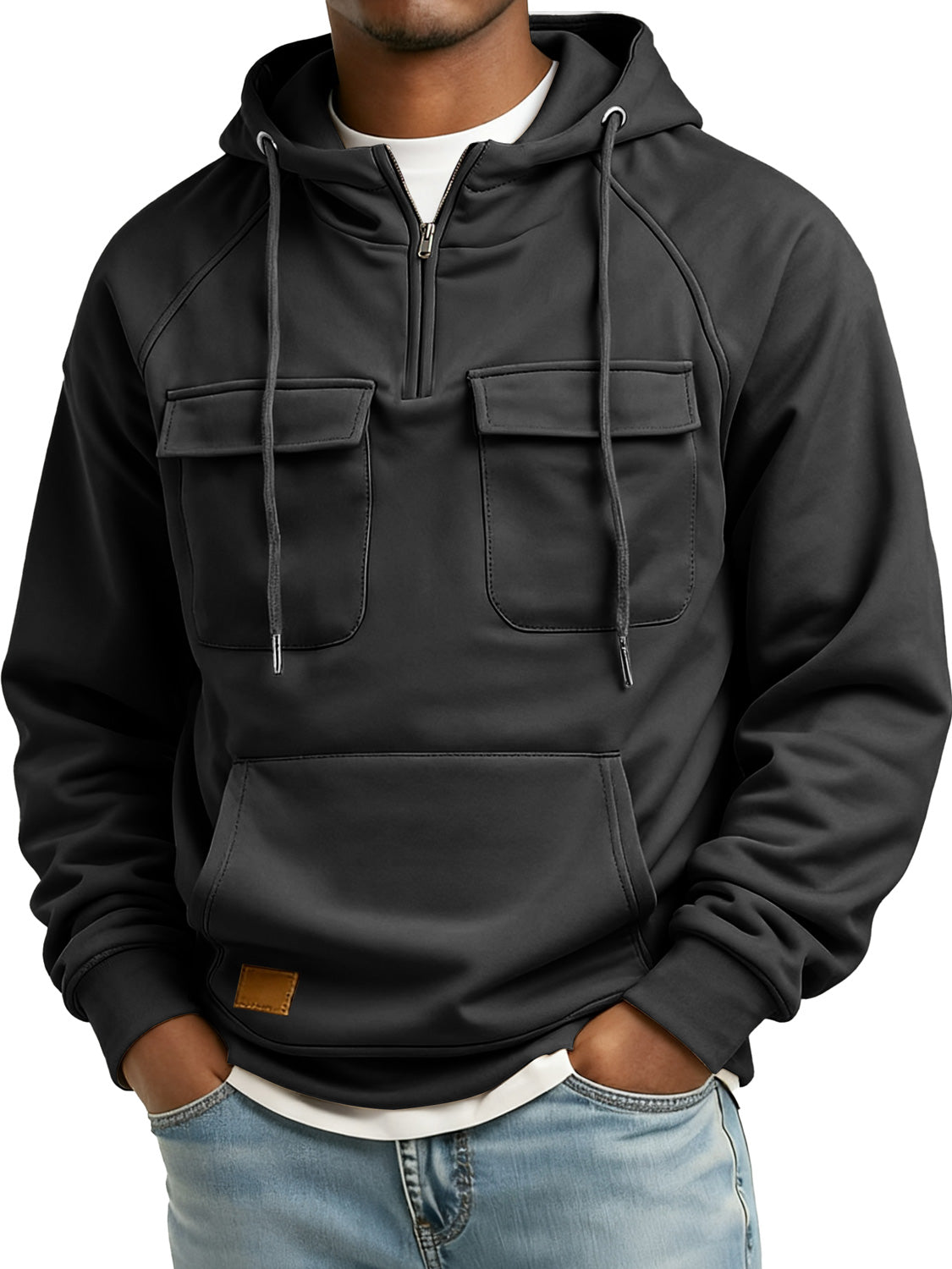 Men's Retro Zipper Double Pocket Embroidered Logo Casual Hoodie