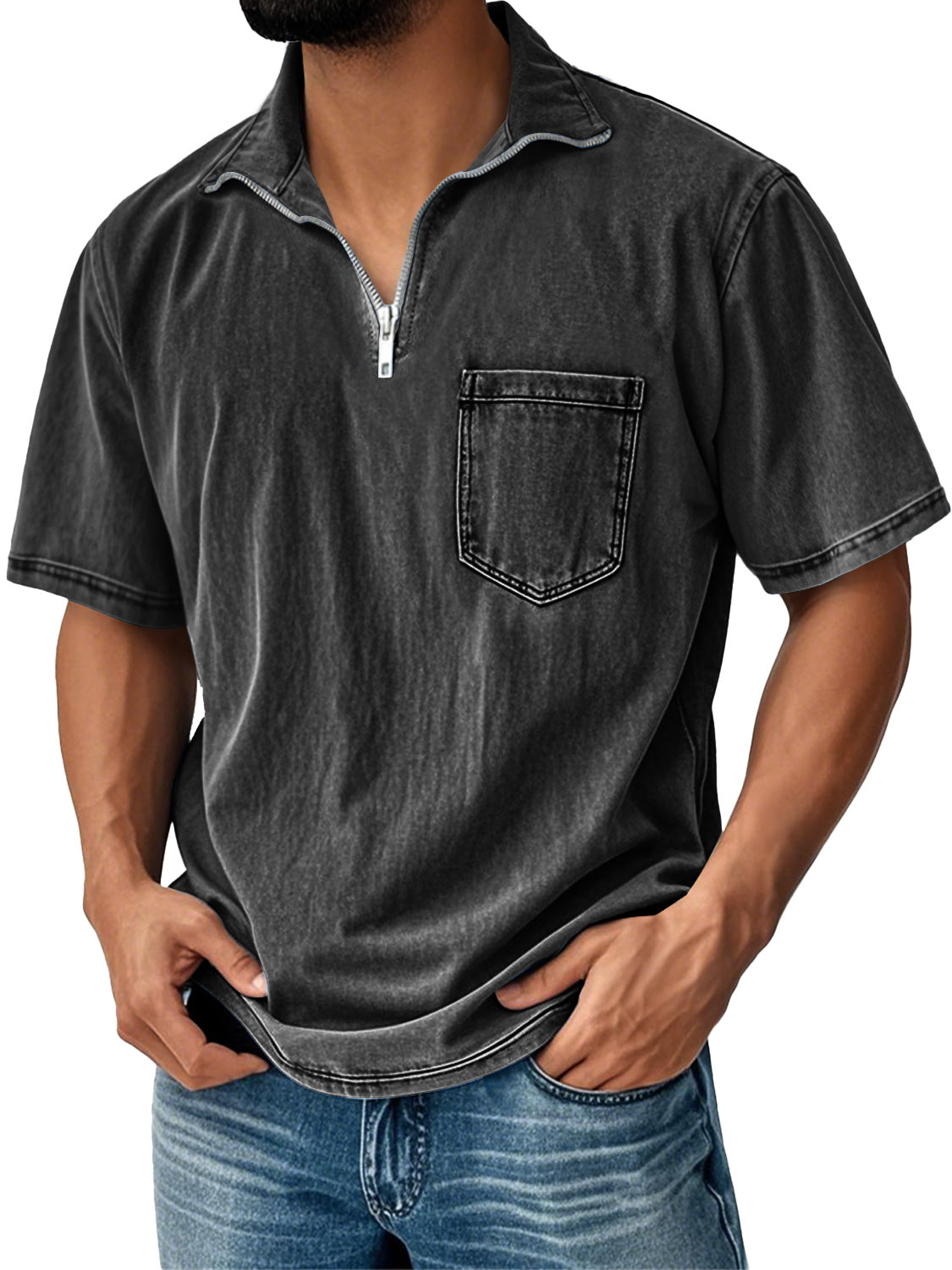 Men's Retro Daily Stand Collar Zipper Pocket Casual Short Sleeve T-shirt