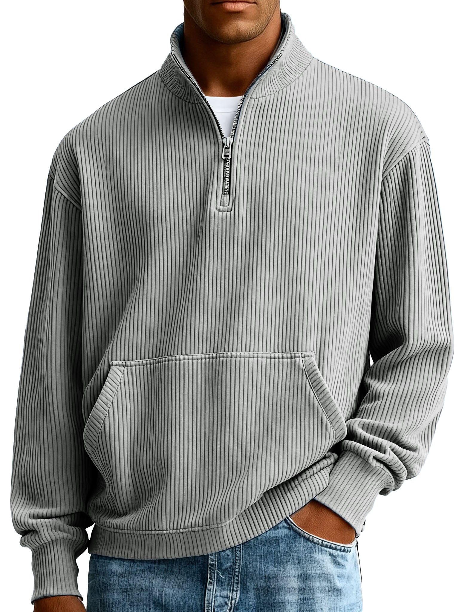  Men's Fashionable Casual Ribbed Fabric Stand-up Collar Half-zip Long-sleeved Sweatshirt