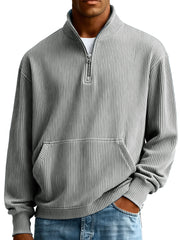  Men's Fashionable Casual Ribbed Fabric Stand-up Collar Half-zip Long-sleeved Sweatshirt