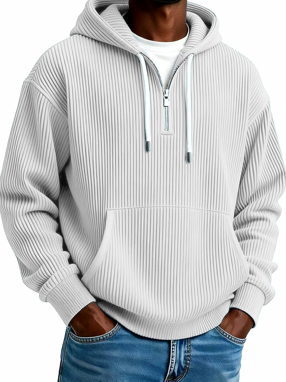 Men's Stylish Casual Ribbed Fabric Half-zip Pocket Hooded Sweatshirt