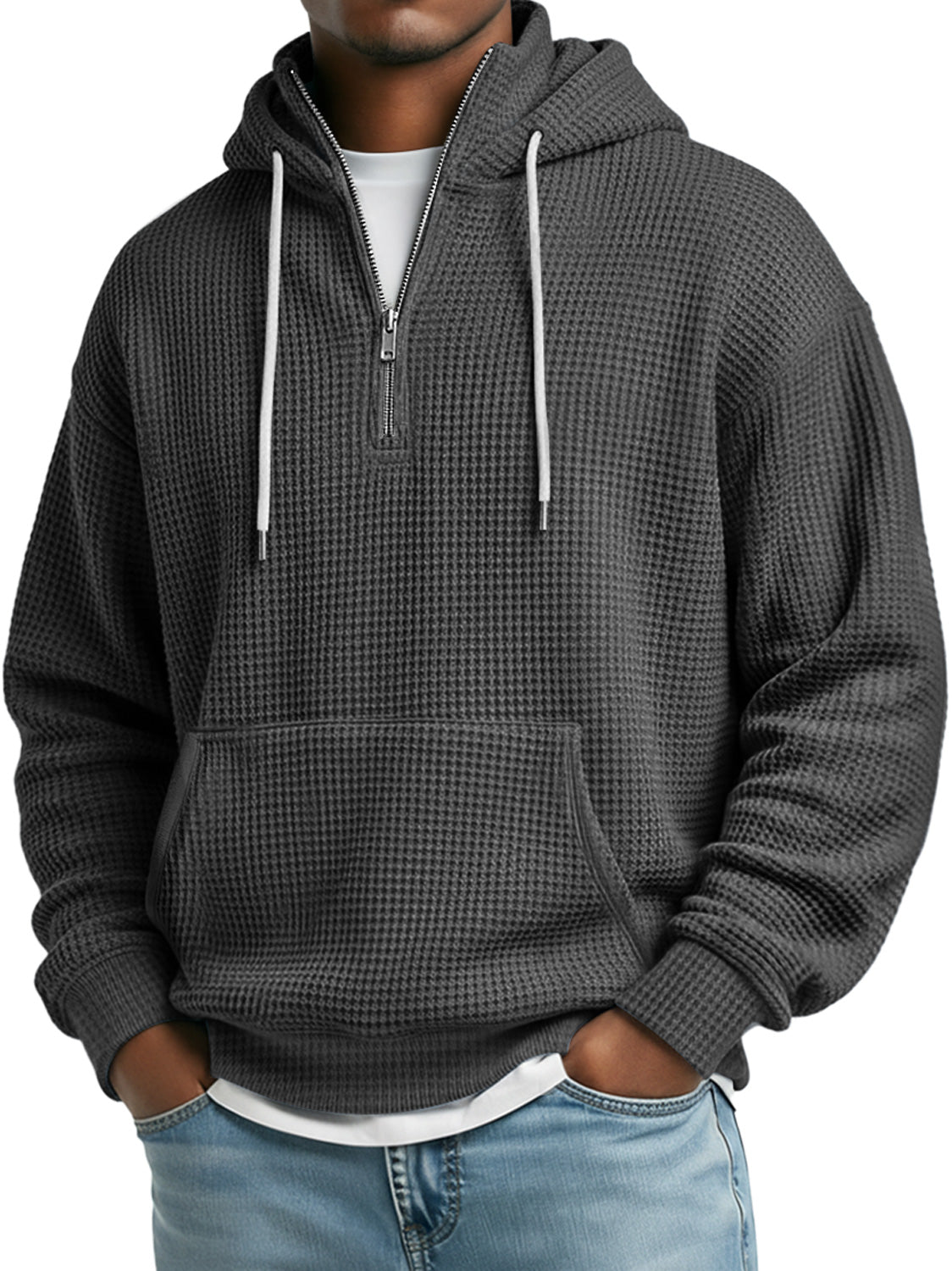 Men's Daily Waffle Stand Collar Zipper Casual Loose Hooded Sweatshirt
