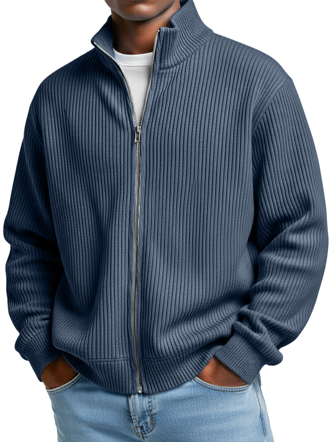 Men's Simple Stand-up Collar Ribbed Casual Loose Zipper Jacket