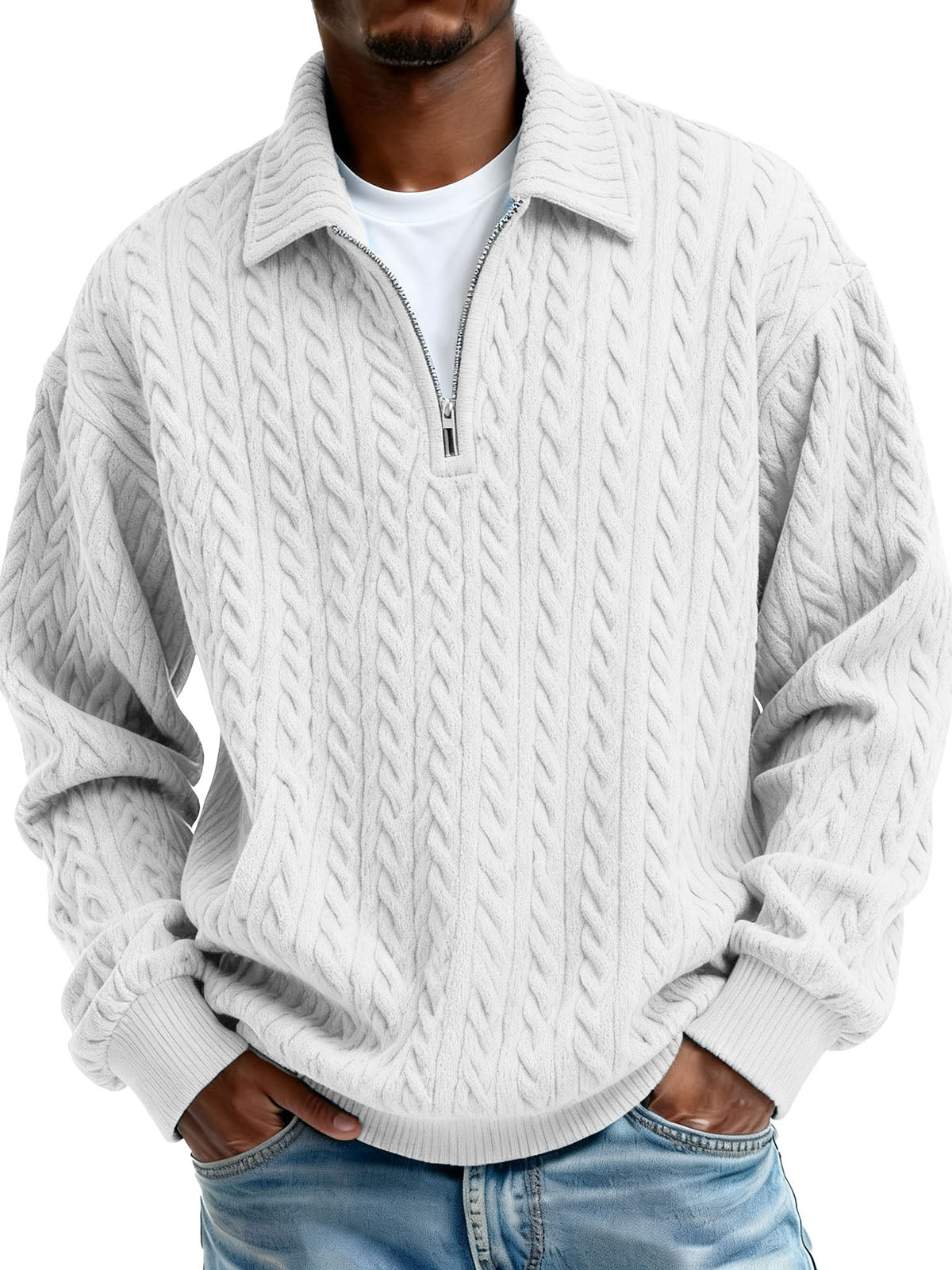 Men's Clothing Fashionable Casual Twist Texture Fabric Lapel Zipper Long-sleeved Hoodie 