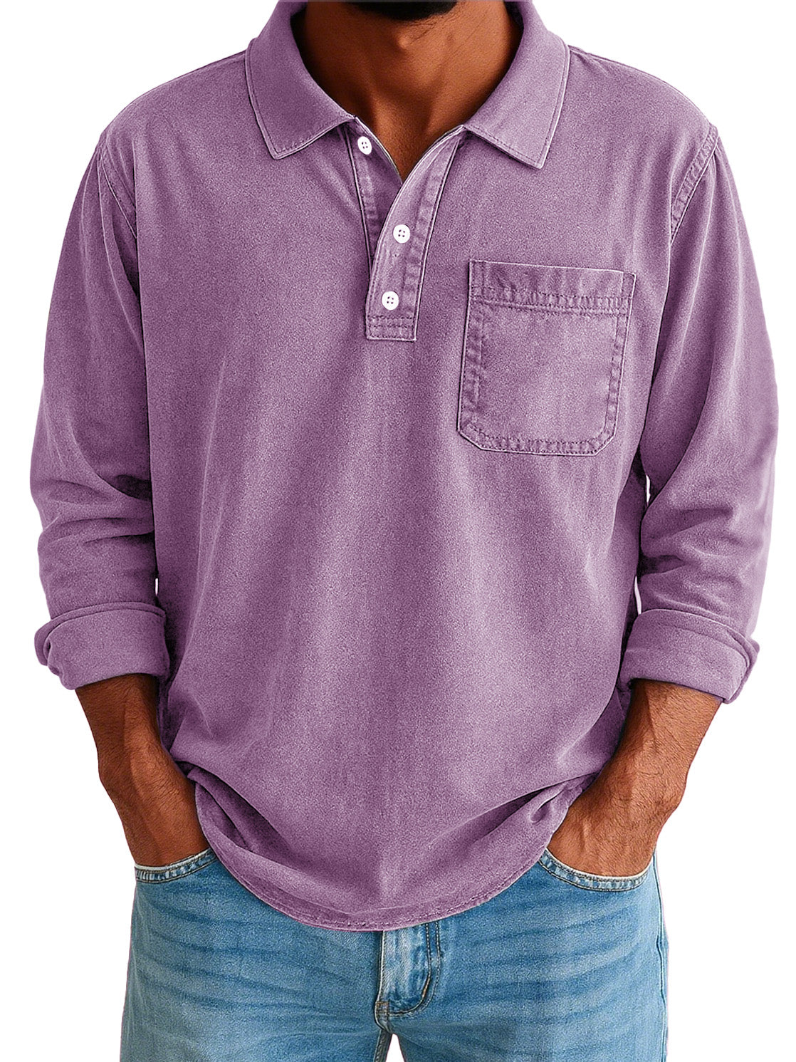 Men's Stylish Vintage Washed And Distressed Lapel Long-sleeved Polo Shirt With Pockets 