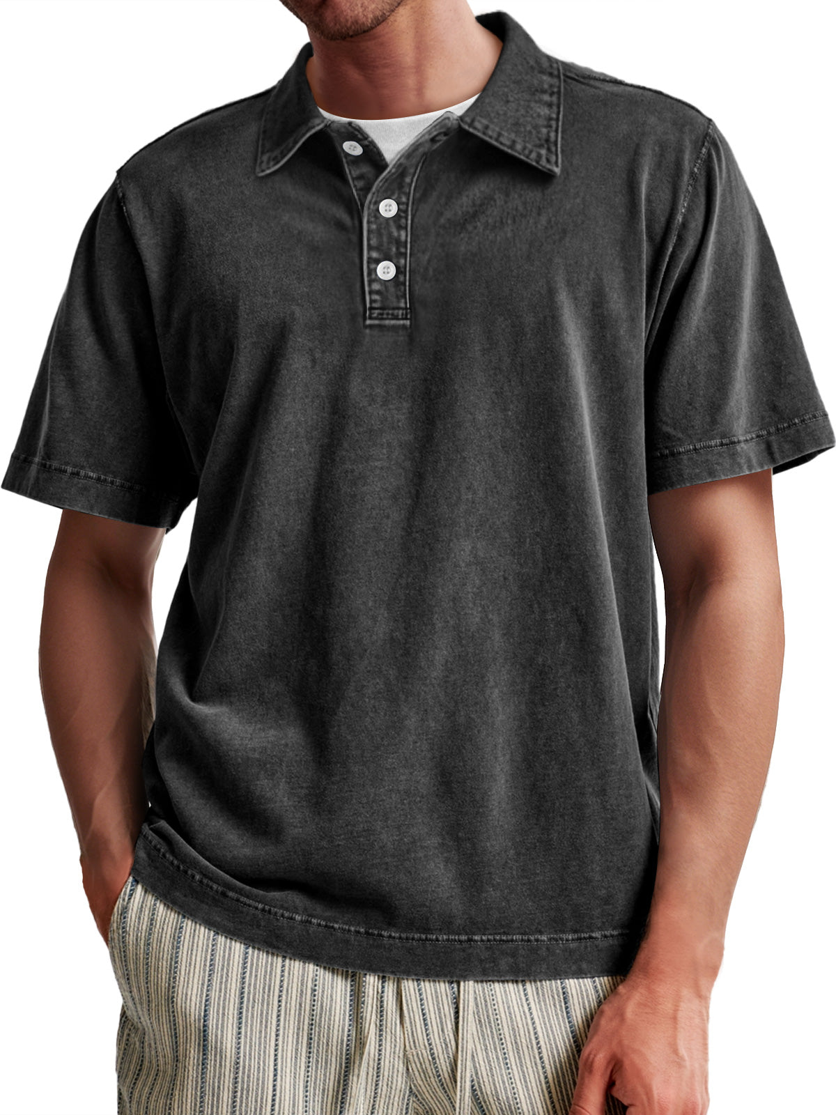 Men's Vintage Washed 100% Cotton Casual Lapel Button Short Sleeve POLO Shirt